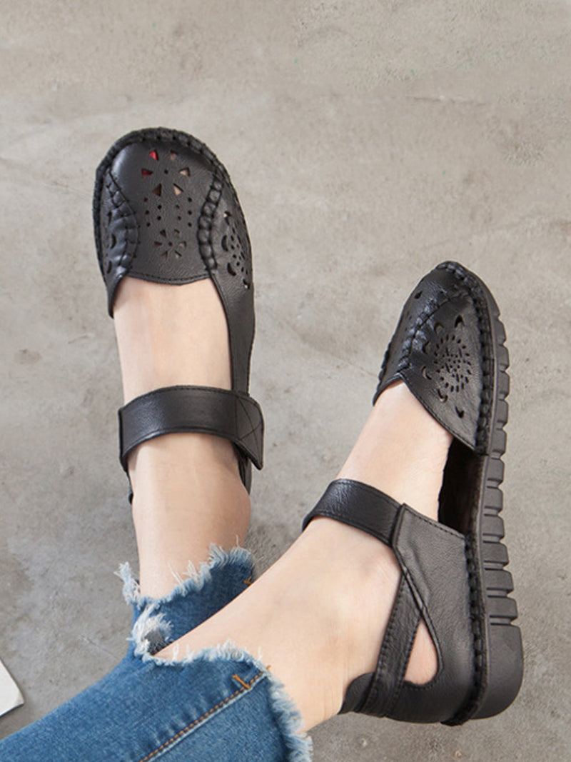 Summer Leather Cutout Low-heel Sandals Cv1008