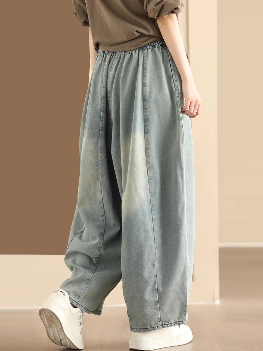 Washed Spliced Denim Wide-leg Pants Qw1007