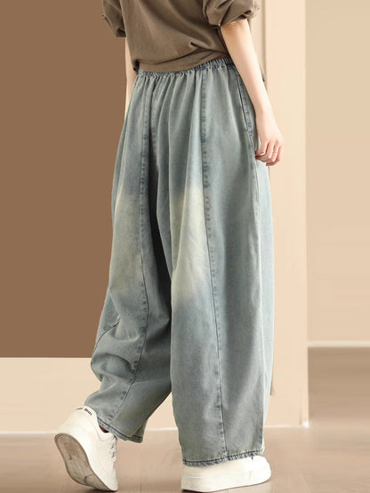 Washed Spliced Denim Wide-leg Pants Qw1007