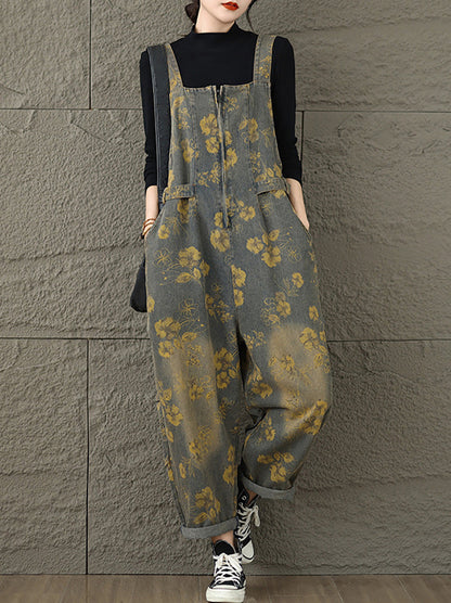 Autumn Retro Flower Zipper Denim Jumpsuits Ax1002