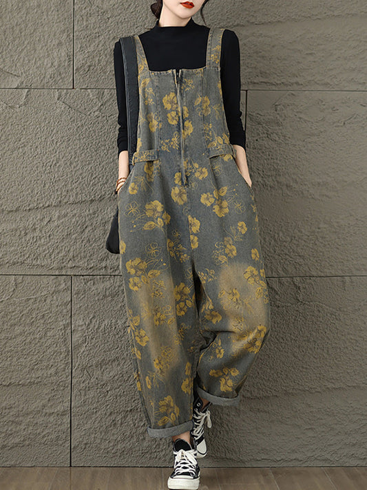 Autumn Retro Flower Zipper Denim Jumpsuits Ax1002