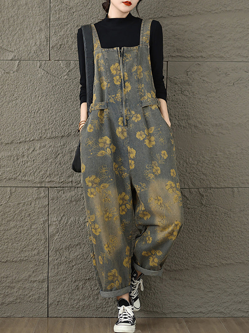 Autumn Retro Flower Zipper Denim Jumpsuits Ax1002