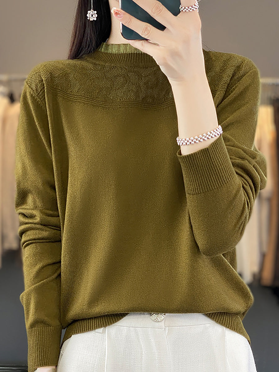 Autumn Lacework Neck 100%wool Loose Sweater Qm020