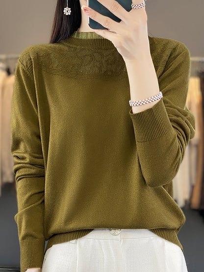 Autumn Lacework Neck 100%wool Loose Sweater Qm020