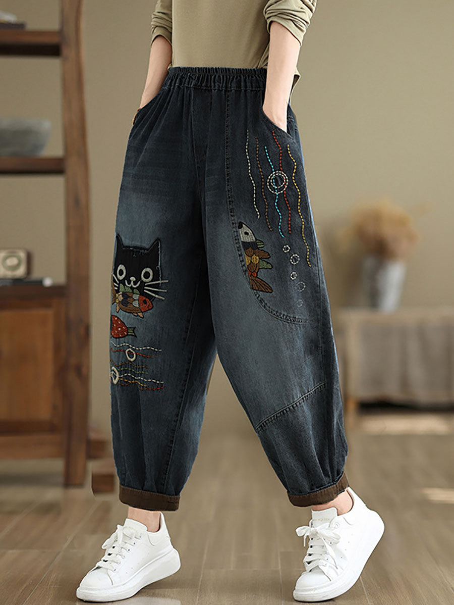 Autumn Cat Patch Spliced Denim Harem Pants Av1004