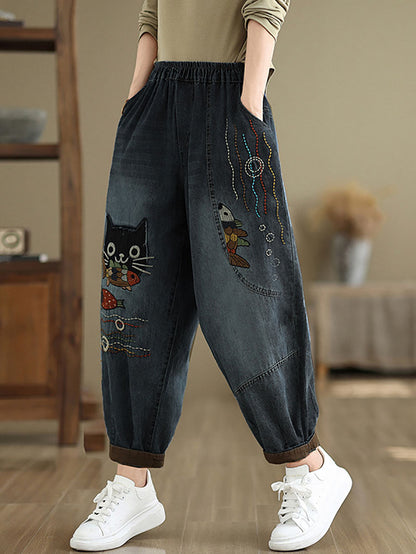 Autumn Cat Patch Spliced Denim Harem Pants Av1004