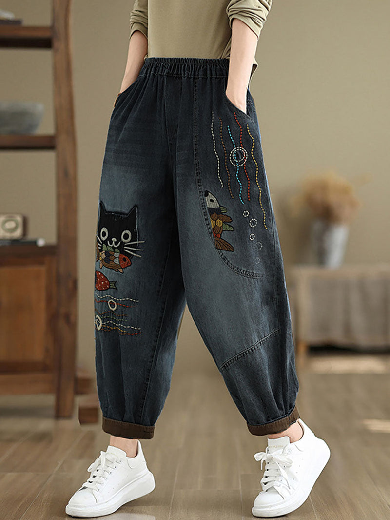 Autumn Cat Patch Spliced Denim Harem Pants Av1004
