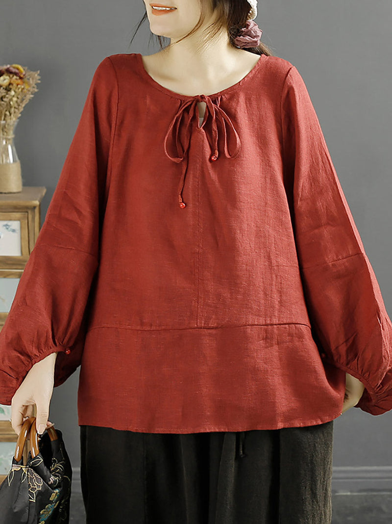 Autumn O-neck 100%linen Loose Blouse Ak1001