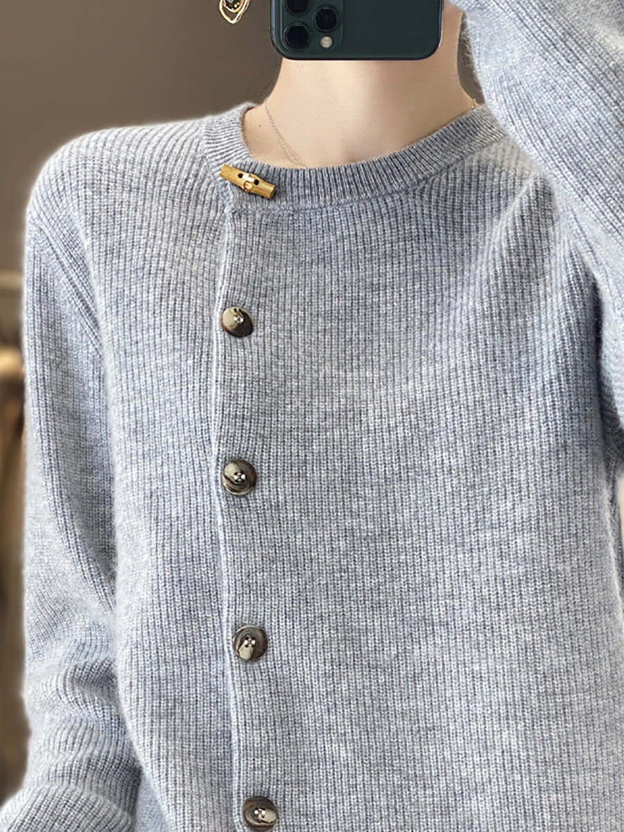 Autumn Knit Wool Buttoned O-neck Sweater Wu024