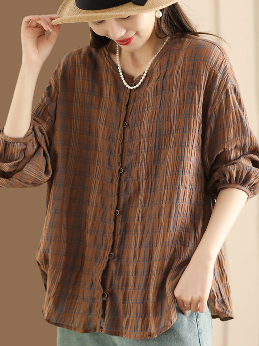 Spring Plaid Ramie Button Up Blouse Co1044