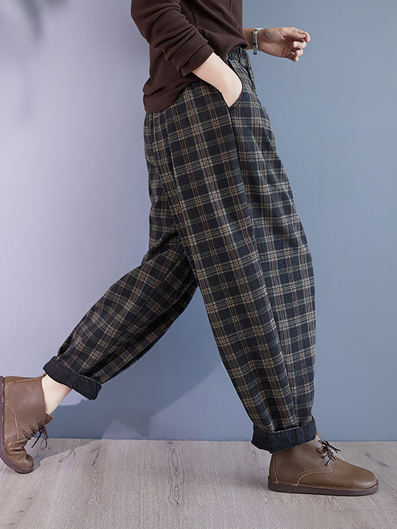 Autumn Retro Plaid Thick Cotton Harem Pants Ba1036
