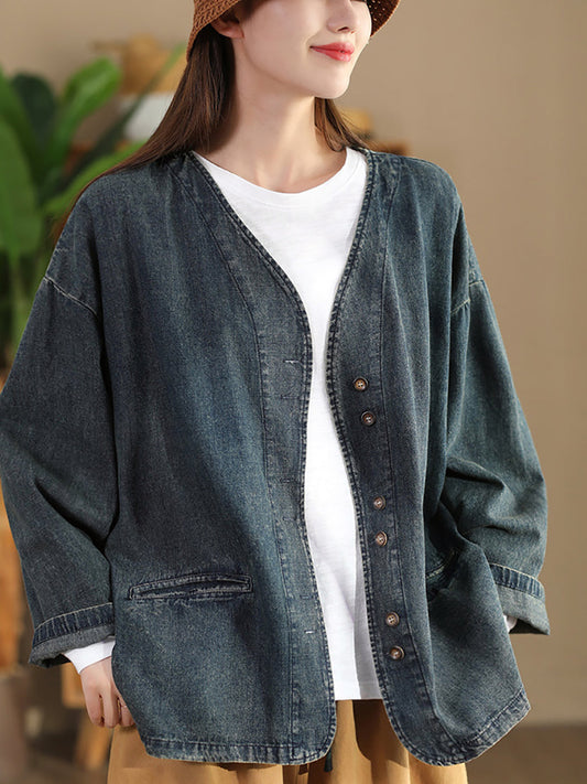 Autumn Pure Color V-neck Denim Coat At1039