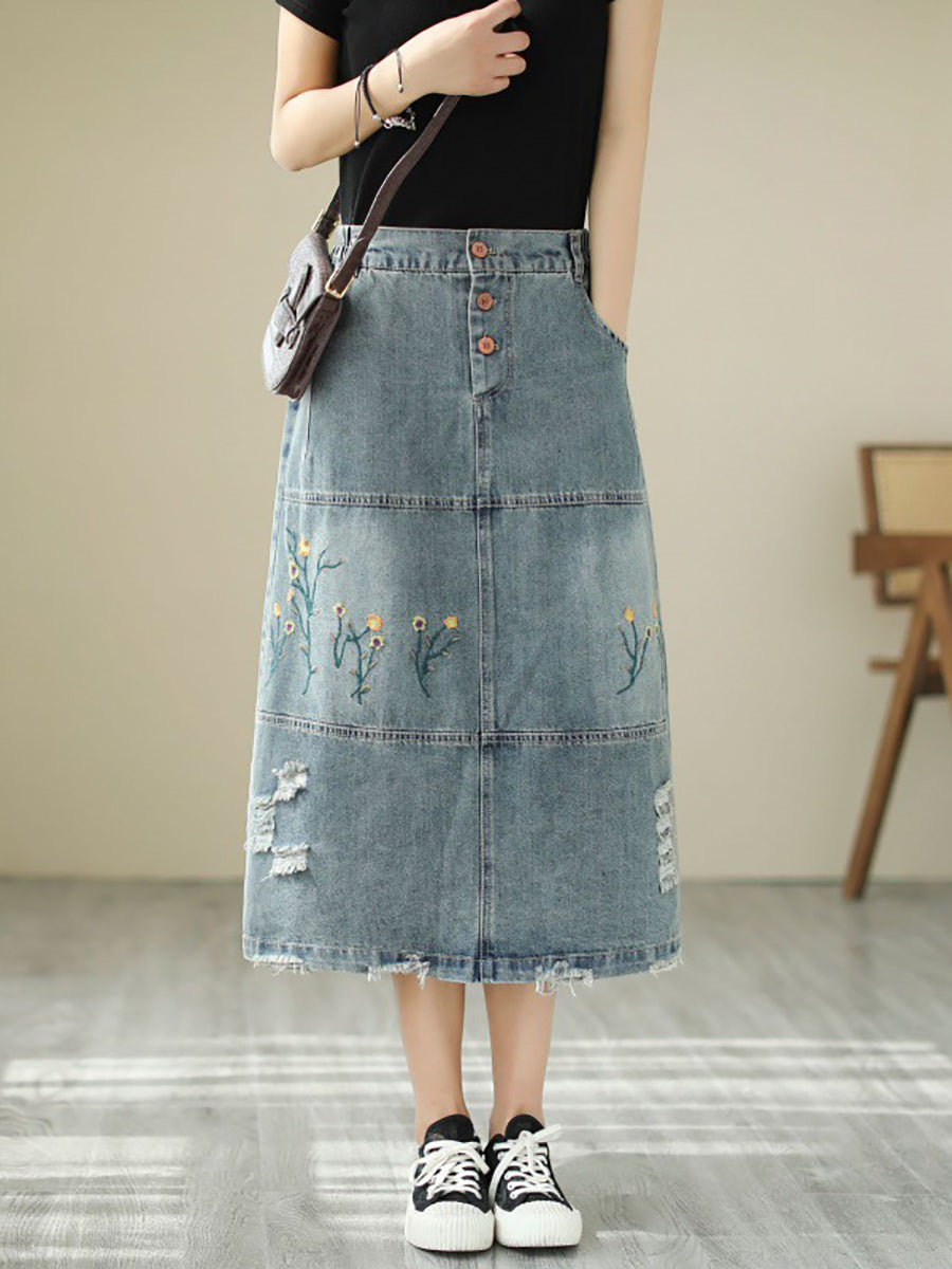 Summer Flower Embroidery Frayed Denim Skirt As1041