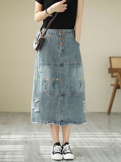 Summer Flower Embroidery Frayed Denim Skirt As1041