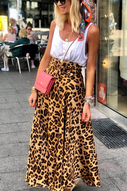 Today��s Journey Satin Leopard Tie Front Elastic Waist Midi Skirt