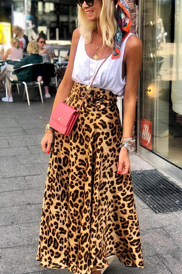 Today��s Journey Satin Leopard Tie Front Elastic Waist Midi Skirt