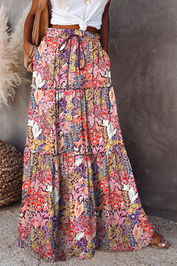 Print Stretch Elastic Waist Pocket High Waist Skirt