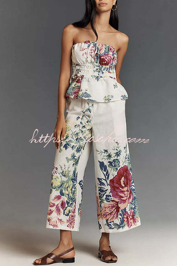 In to the Summer Linen Blend Print Elastic Bandeau and Elastic Waist Pocket Loose Pants Set