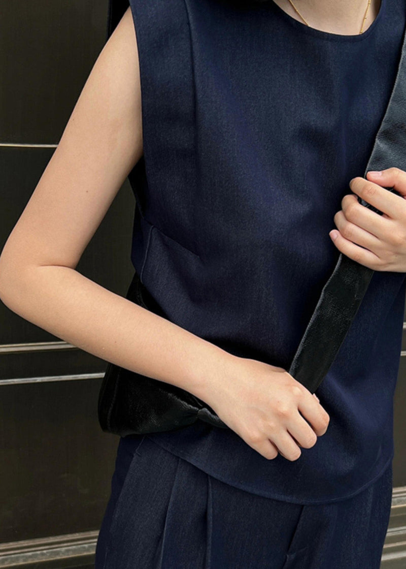 Stylish Navy O-neck Top and Wide Leg Pants Two Pieces Set Summer An1001