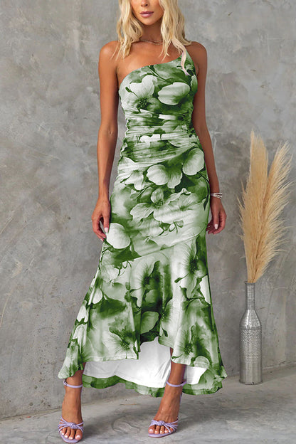 Deja Mesh Overlay Print One Shoulder Ruched Stretch Maxi Dress