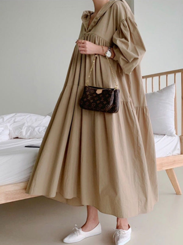 Urban Color Pleated Long Sleeves Hooded Midi Dress