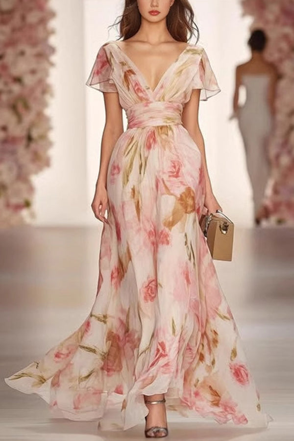 Print V-neck Short-sleeved Waist Maxi Dress
