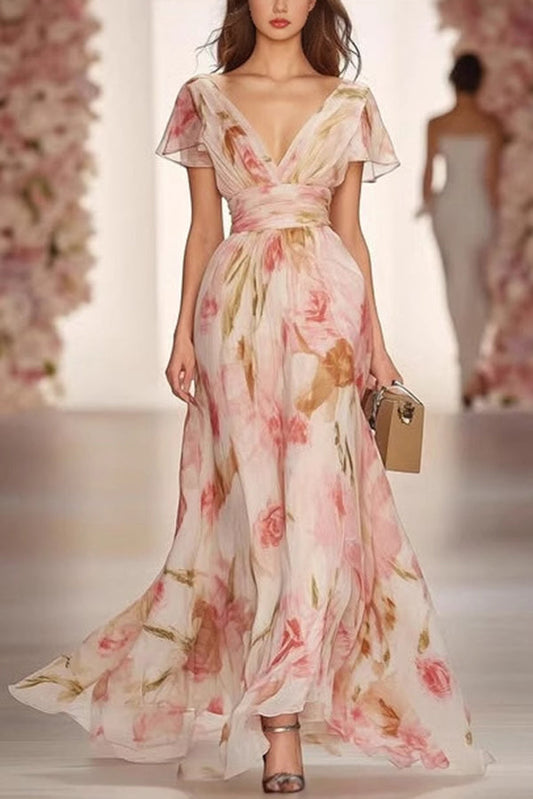Print V-neck Short-sleeved Waist Maxi Dress
