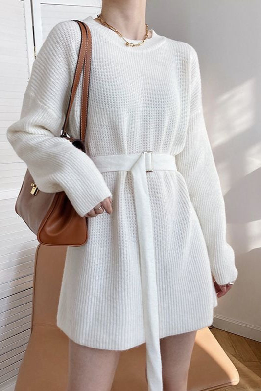 French Style Tie-waist Knit Mini Dress