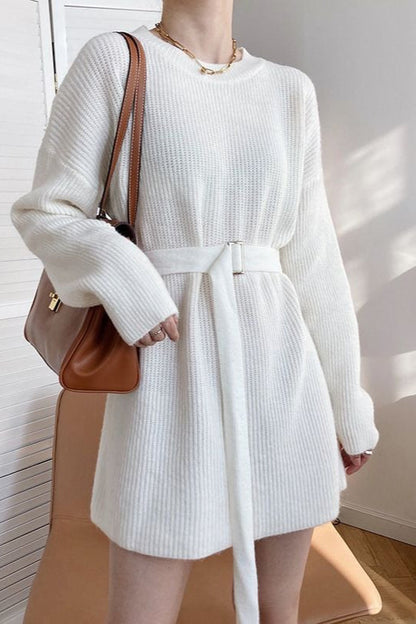 French Style Tie-waist Knit Mini Dress