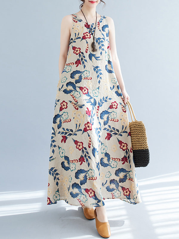 Loose Sleeveless Printed Round-neck Maxi Dresses