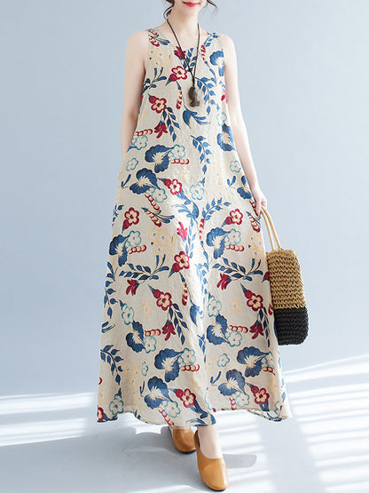 Loose Sleeveless Printed Round-neck Maxi Dresses