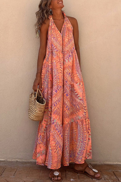 Golden Times Print A-line Vacation Maxi Dress