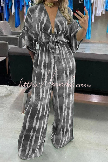 Striped Print V-neck Lace-up Wide-leg Jumpsuit