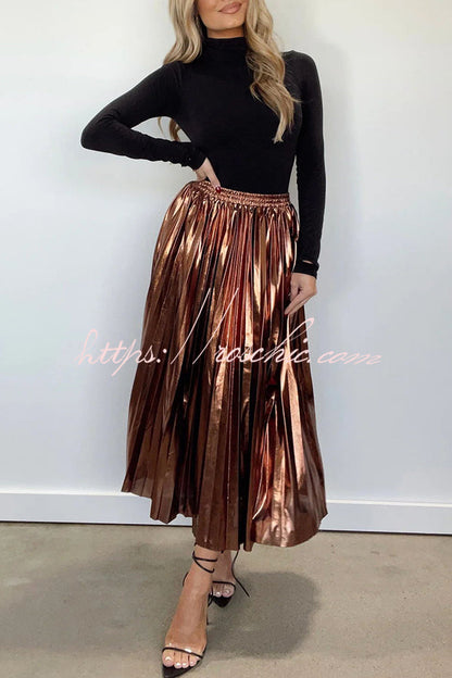 Yuletide Glow Metallic Fabric Pleated Elastic Waist Midi Skirt