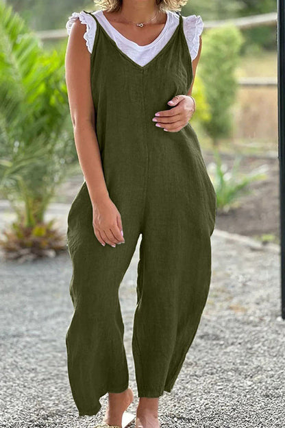 V-neck Wide-leg Pants Suspenders Color Long Jumpsuit