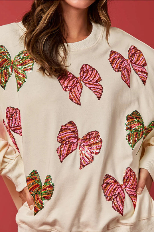 Christmas Bow Sequin Loose Long Sleeve Sweatshirt