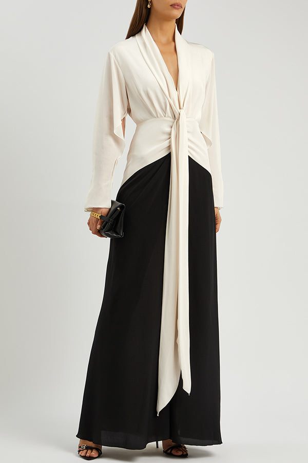 Contrast Color V-neck Tie High Waist Drape Maxi Dress