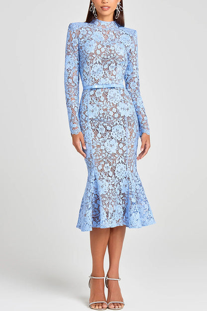 Feminine and Flower Lace Long Sleeve Bow Belted Flare Midi Dress