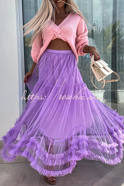 Tulle Stretch Waist Paneled Pleated Maxi Skirt