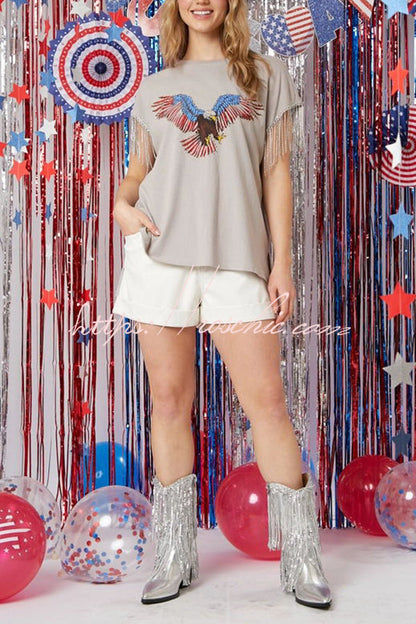 Extraordinary American Eagle Print Rhinestone Tassel Short Sleeve T-shirt
