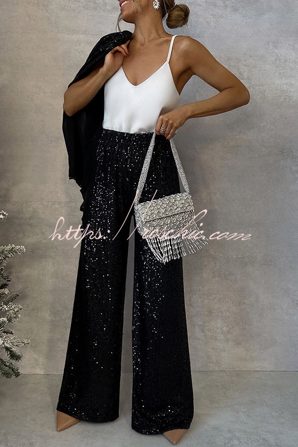 Party Scene Sequin High Rise Elastic Waist Wide Leg Pants