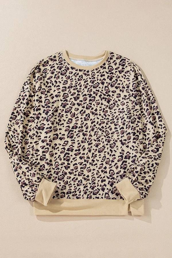 Leopard Print Crew Neck Patchwork Long Sleeve Loose Sweatshirt