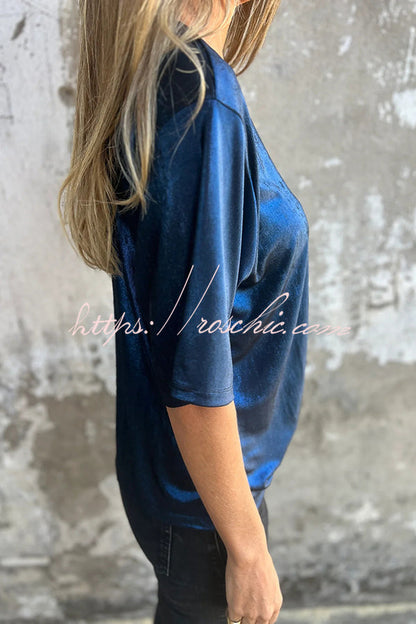 Metallic Color Round Neck Short-sleeved Loose T-shirt