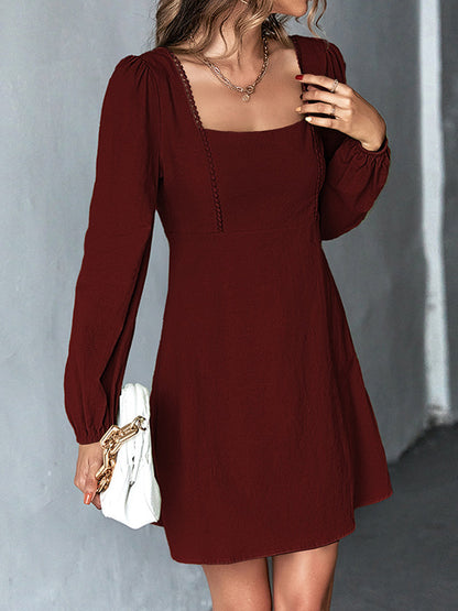 A-line High Waisted Color Split-joint Square-neck Mini Dresses