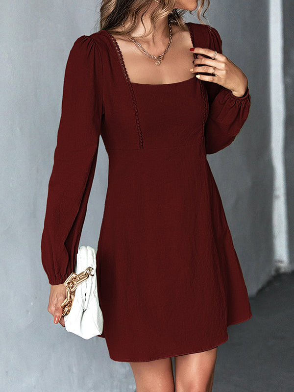 A-line High Waisted Color Split-joint Square-neck Mini Dresses