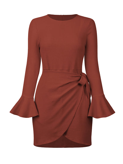 Simple Long Sleeves Skinny Tied Falbala Color Round-neck Mini Dresses