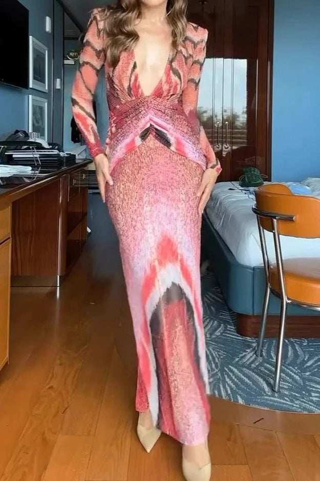 V-neck Print Long Sleeve Bodycon Maxi Dress