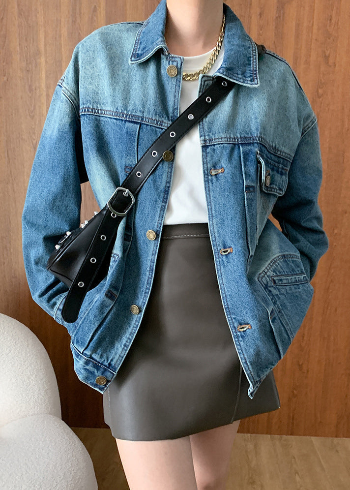 French Blue Peter Pan Collar Button Pockets Denim Coats Fall Af1027
