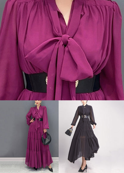 Black Bow Wrinkled Chiffon Maxi Dress Long Sleeve Ao1043
