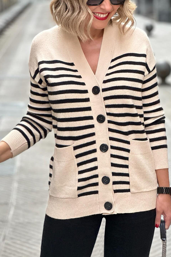Beige Striped Simple Cardigan